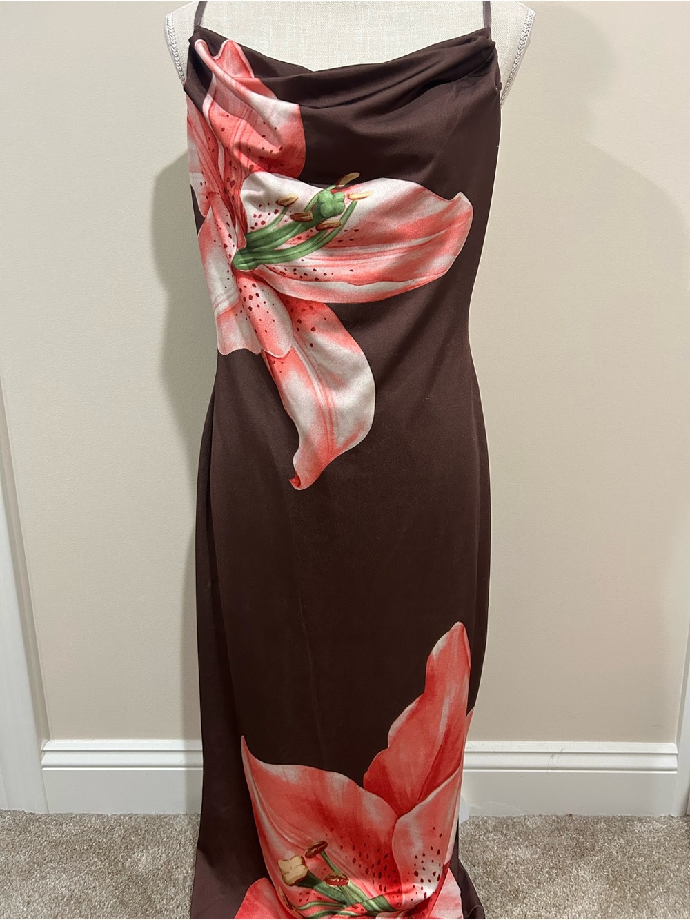 Women’s Brown Floral Slip Swim Dress with Pink Lily Print